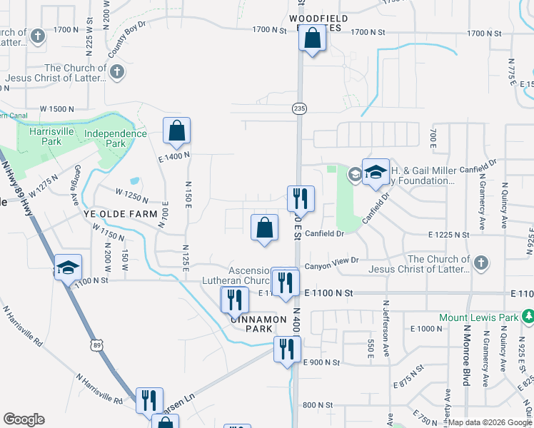 map of restaurants, bars, coffee shops, grocery stores, and more near 1252 North 325 West in Harrisville