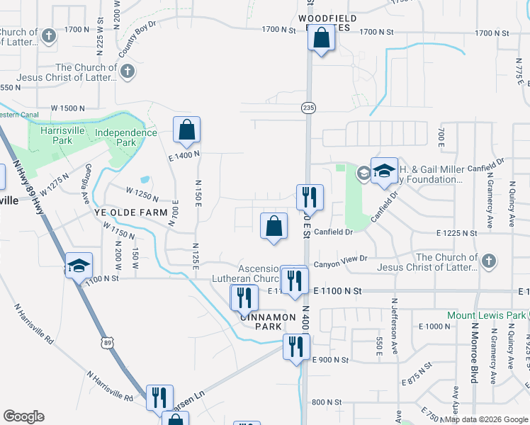 map of restaurants, bars, coffee shops, grocery stores, and more near 1256 North 300 West in Harrisville