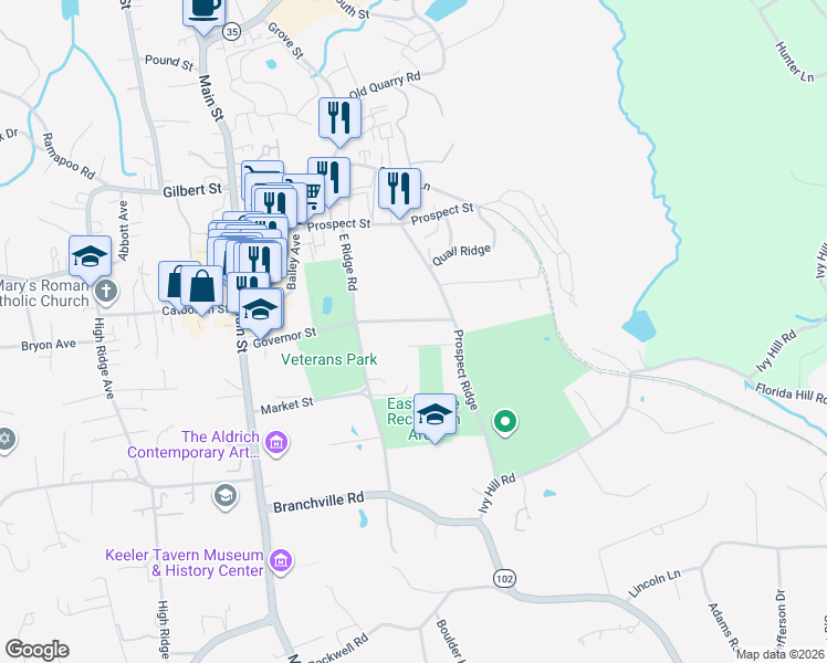 map of restaurants, bars, coffee shops, grocery stores, and more near 76 Governor Street in Ridgefield