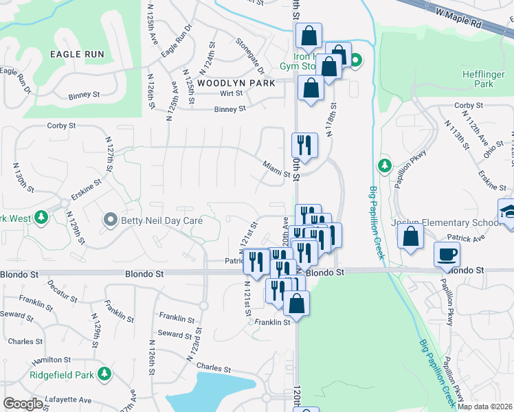 map of restaurants, bars, coffee shops, grocery stores, and more near 2512 North 121st Street in Omaha