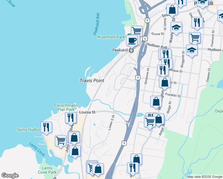 map of restaurants, bars, coffee shops, grocery stores, and more near 123 Waterside Close in Peekskill