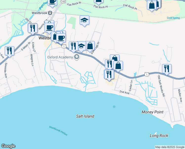 map of restaurants, bars, coffee shops, grocery stores, and more near 37 Economy Drive in Westbrook