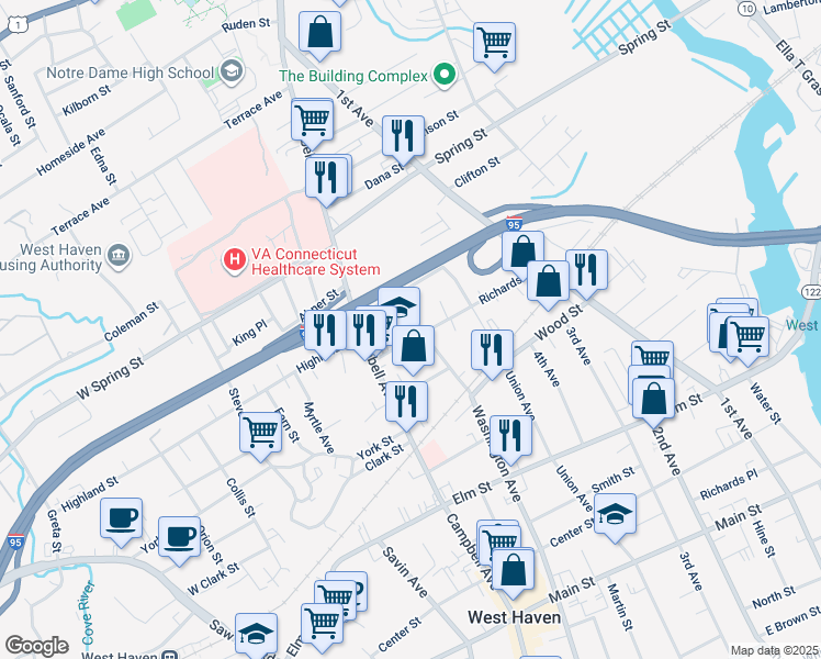 map of restaurants, bars, coffee shops, grocery stores, and more near 836 Washington Avenue in West Haven