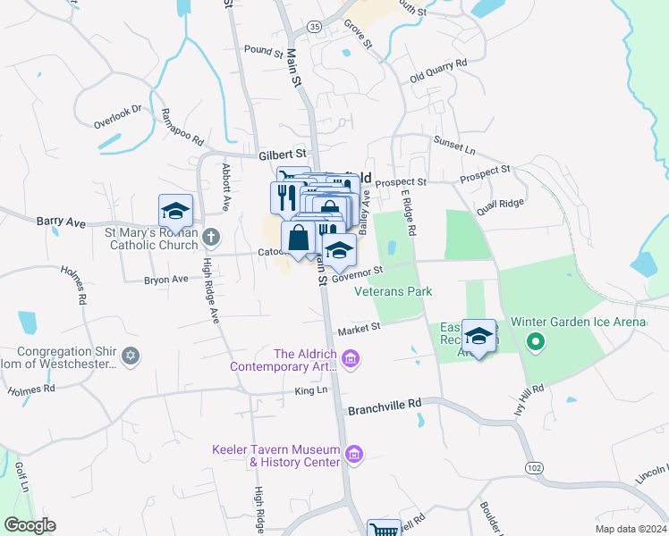 map of restaurants, bars, coffee shops, grocery stores, and more near 395-399 Main Street in Ridgefield