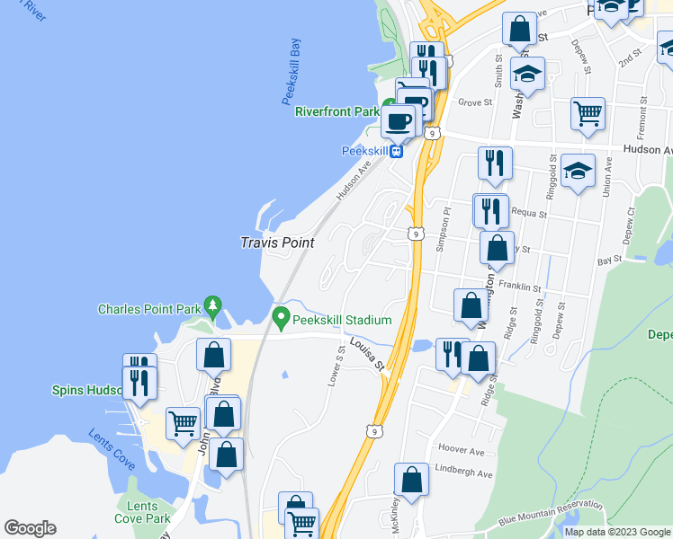 map of restaurants, bars, coffee shops, grocery stores, and more near 123 Waterside Close in Peekskill