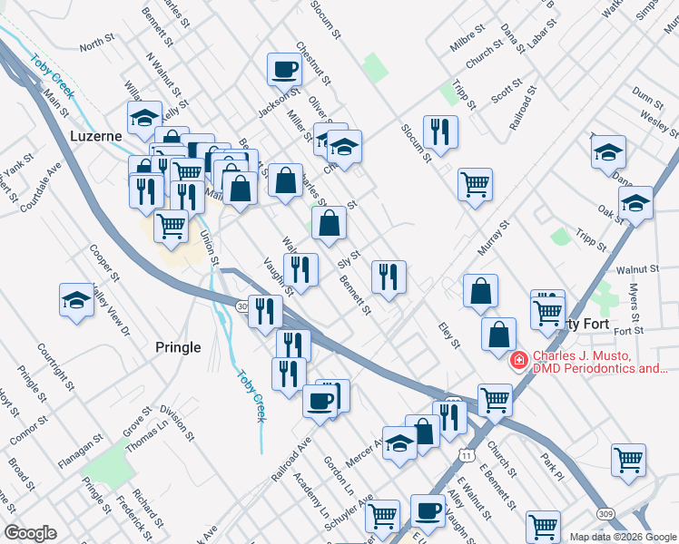 map of restaurants, bars, coffee shops, grocery stores, and more near 361 Bennett Street in Luzerne