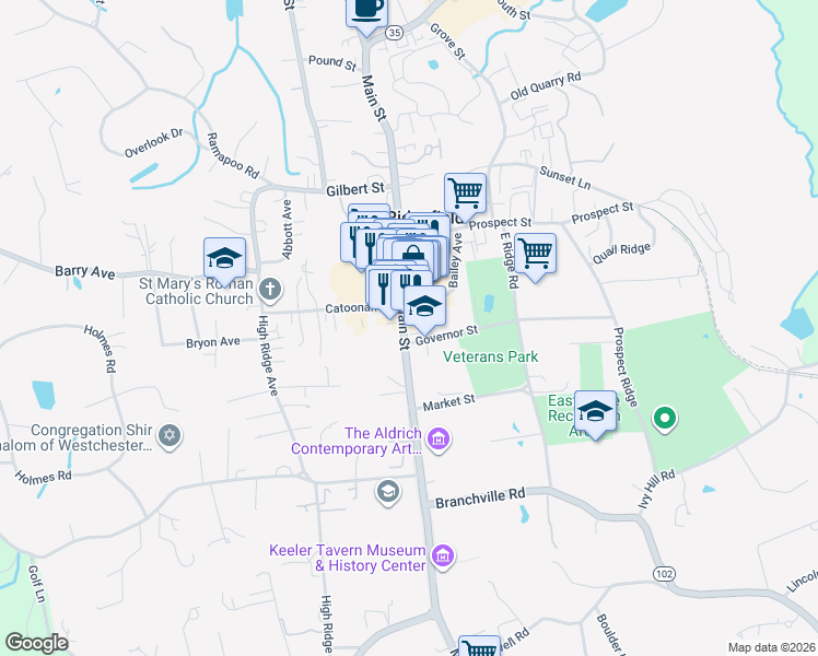 map of restaurants, bars, coffee shops, grocery stores, and more near 378 Main Street in Ridgefield