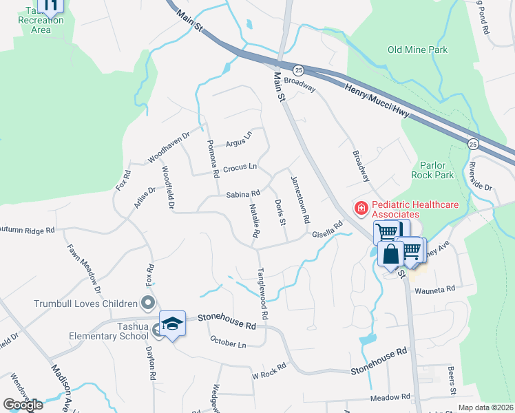 map of restaurants, bars, coffee shops, grocery stores, and more near 57 Sabina Road in Trumbull