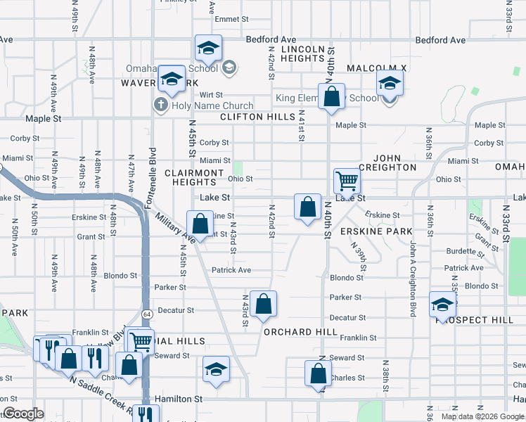 map of restaurants, bars, coffee shops, grocery stores, and more near 4206 Lake Street in Omaha