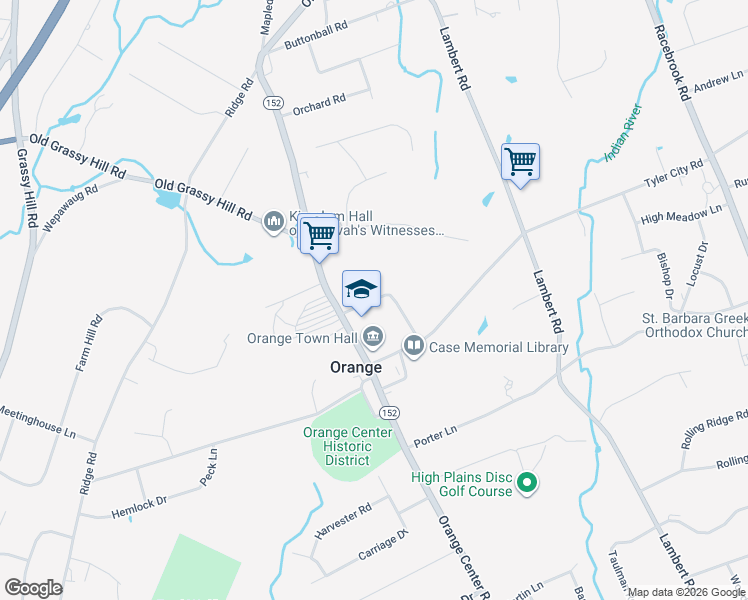 map of restaurants, bars, coffee shops, grocery stores, and more near Schoolhouse Lane in Orange