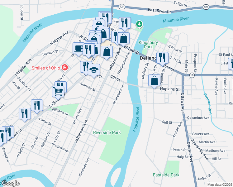 map of restaurants, bars, coffee shops, grocery stores, and more near 618 Riverside Avenue in Defiance