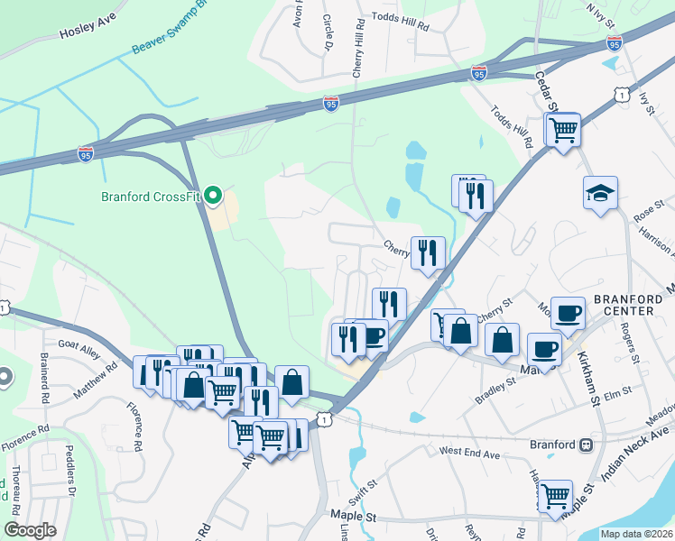 map of restaurants, bars, coffee shops, grocery stores, and more near 57 Montoya Circle in Branford