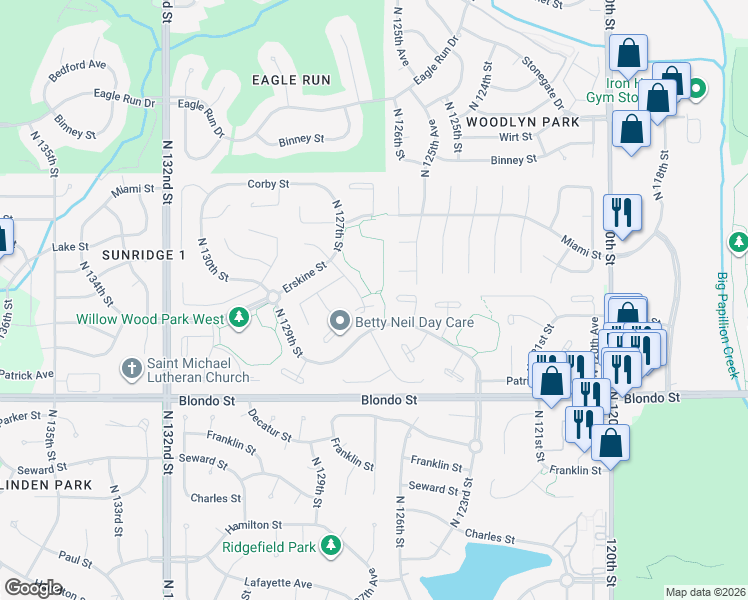 map of restaurants, bars, coffee shops, grocery stores, and more near 2512 South 126th Street in Omaha