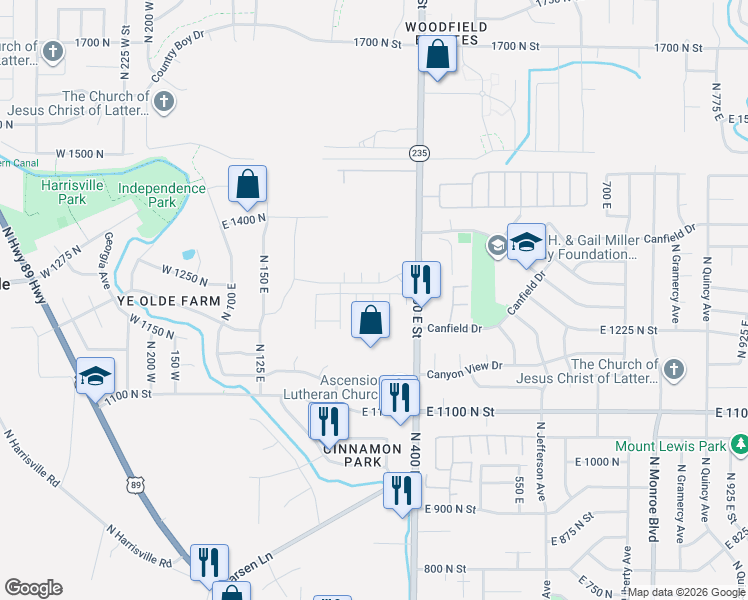 map of restaurants, bars, coffee shops, grocery stores, and more near 1258 North 325 West in Harrisville