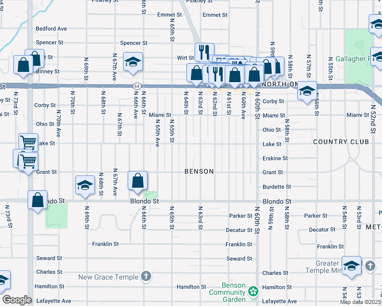 map of restaurants, bars, coffee shops, grocery stores, and more near 2503 North 64th Street in Omaha