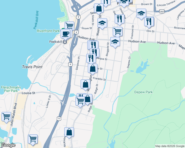 map of restaurants, bars, coffee shops, grocery stores, and more near 503 92 in Peekskill