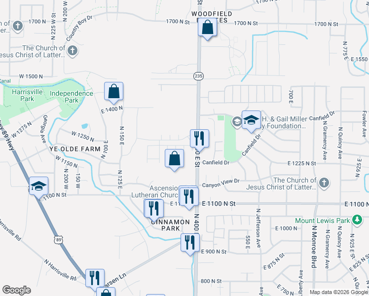 map of restaurants, bars, coffee shops, grocery stores, and more near 350 North Street in Harrisville