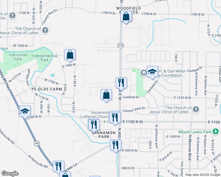 map of restaurants, bars, coffee shops, grocery stores, and more near 350 North Street in Harrisville