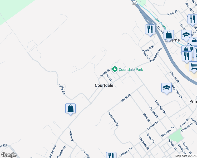 map of restaurants, bars, coffee shops, grocery stores, and more near Hoyt Street in Courtdale