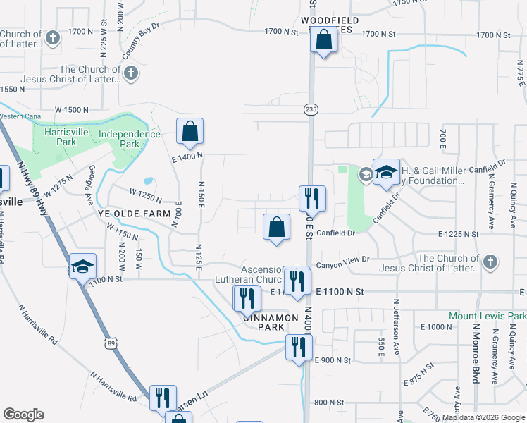 map of restaurants, bars, coffee shops, grocery stores, and more near 1267 North 300 West in Harrisville