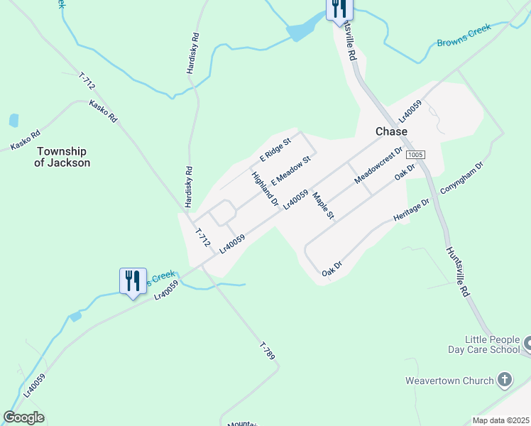 map of restaurants, bars, coffee shops, grocery stores, and more near 1530 Chase Road in Shavertown