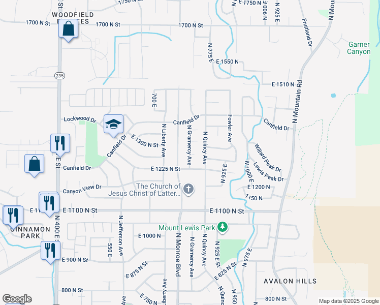 map of restaurants, bars, coffee shops, grocery stores, and more near 1270 North Gramercy Avenue in Ogden