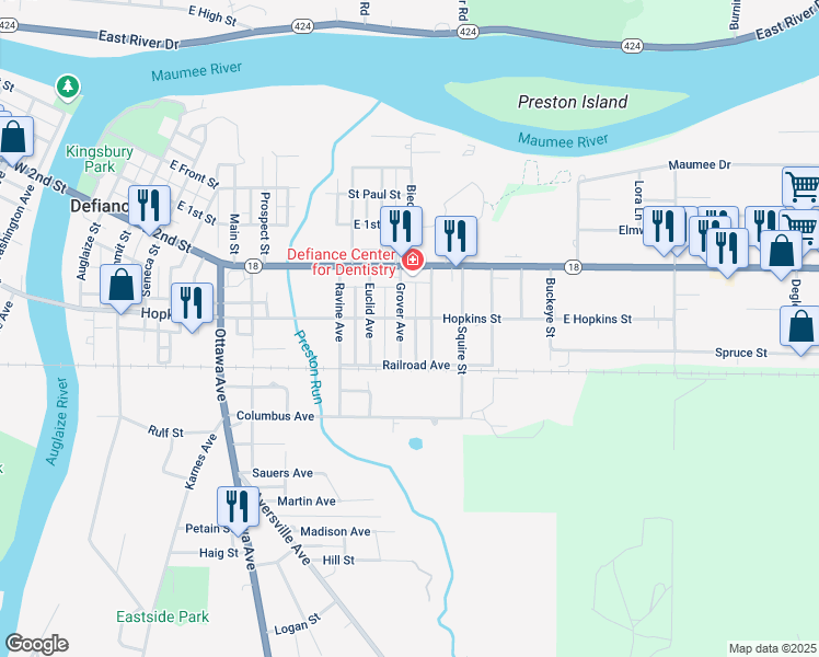 map of restaurants, bars, coffee shops, grocery stores, and more near 512 Tiedeman Avenue in Defiance