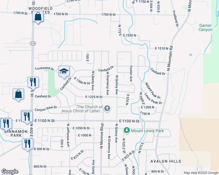 map of restaurants, bars, coffee shops, grocery stores, and more near 1270 North Gramercy Avenue in Ogden