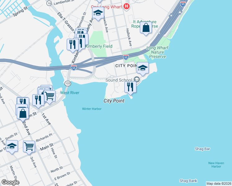 map of restaurants, bars, coffee shops, grocery stores, and more near 19 Harbour Close in New Haven