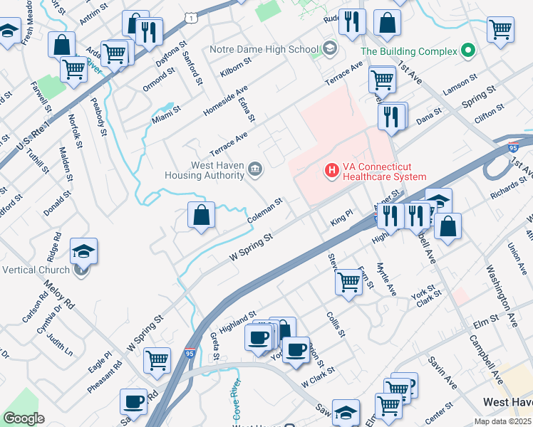 map of restaurants, bars, coffee shops, grocery stores, and more near 33 Coleman Street in West Haven
