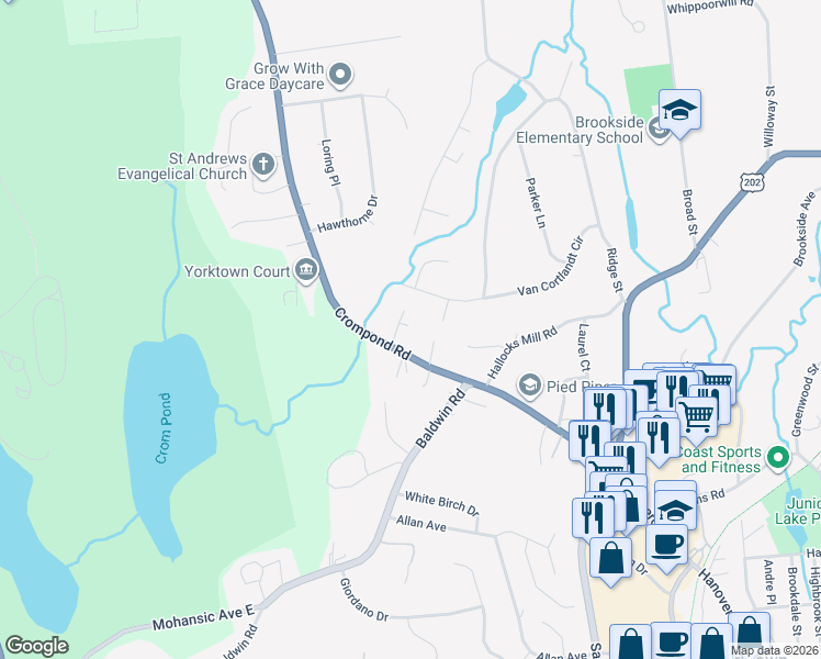 map of restaurants, bars, coffee shops, grocery stores, and more near 2218 Crompond Road in Yorktown Heights
