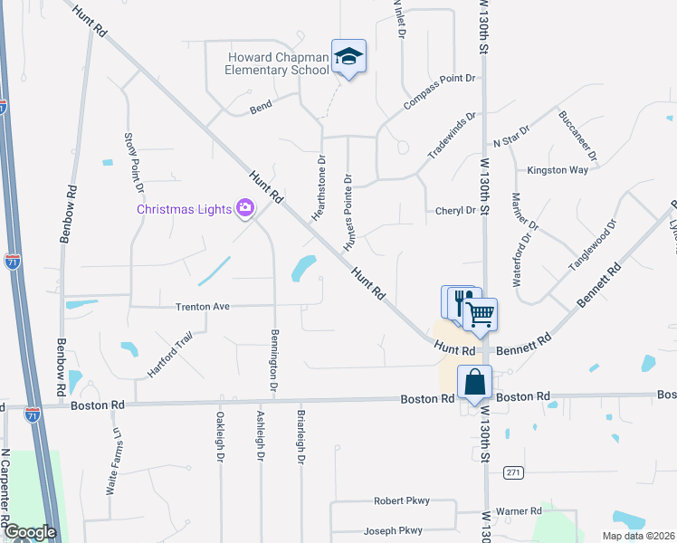 map of restaurants, bars, coffee shops, grocery stores, and more near 19088 Hunters Pointe Drive in Strongsville