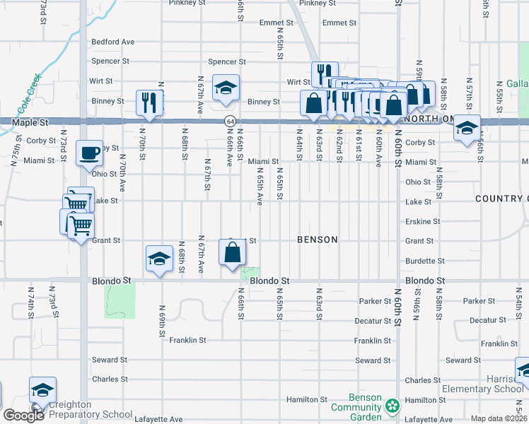 map of restaurants, bars, coffee shops, grocery stores, and more near 2504 North 65th Avenue in Omaha