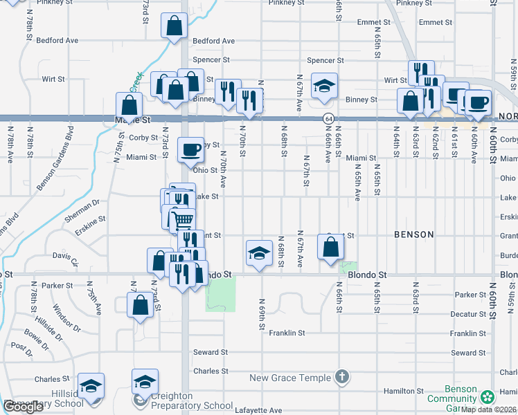 map of restaurants, bars, coffee shops, grocery stores, and more near 2502 North 69th Street in Omaha