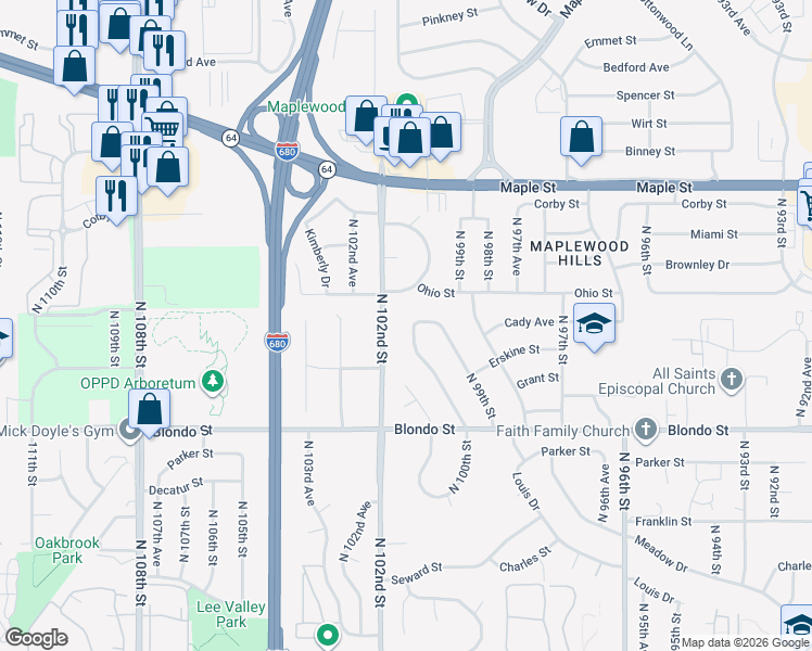 map of restaurants, bars, coffee shops, grocery stores, and more near 10055 Ohio Street in Omaha
