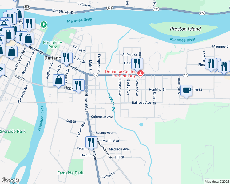 map of restaurants, bars, coffee shops, grocery stores, and more near 824 Hopkins Street in Defiance