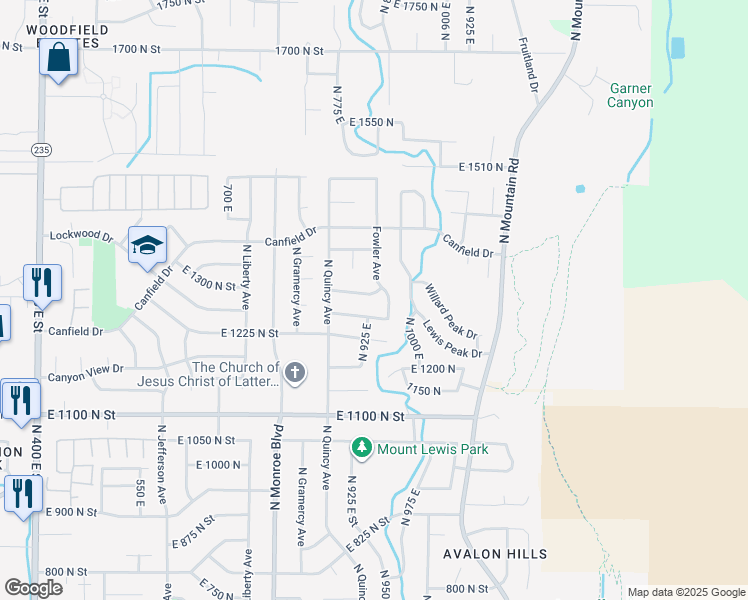 map of restaurants, bars, coffee shops, grocery stores, and more near 947 East 1300 North in Ogden