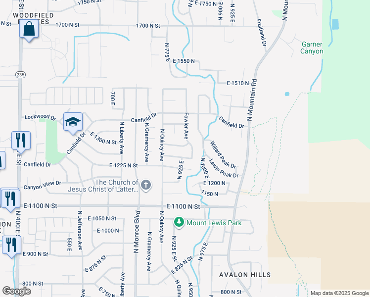 map of restaurants, bars, coffee shops, grocery stores, and more near 949 East 1300 North in Ogden