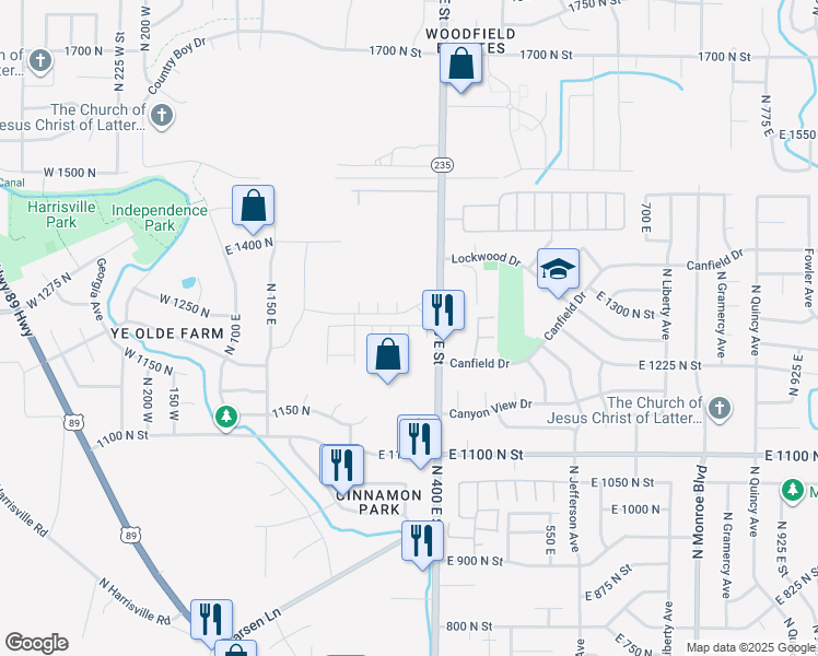 map of restaurants, bars, coffee shops, grocery stores, and more near 1271 350 East in Harrisville