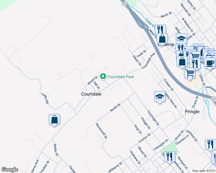 map of restaurants, bars, coffee shops, grocery stores, and more near Courtdale Avenue in Courtdale