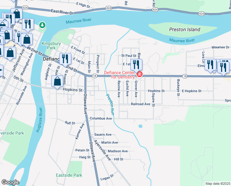 map of restaurants, bars, coffee shops, grocery stores, and more near 523 Ravine Avenue in Defiance
