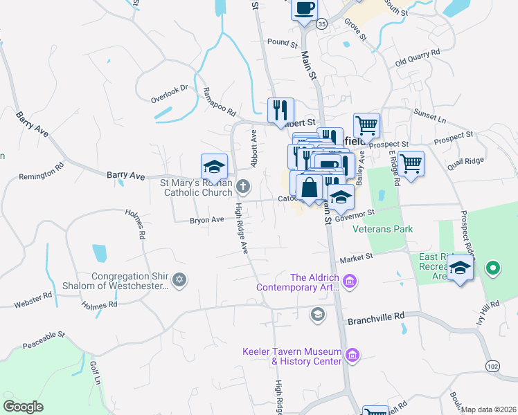 map of restaurants, bars, coffee shops, grocery stores, and more near 46 Catoonah Street in Ridgefield