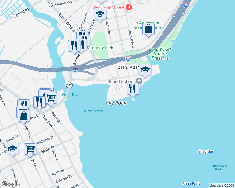 map of restaurants, bars, coffee shops, grocery stores, and more near 19 Harbour Close in New Haven