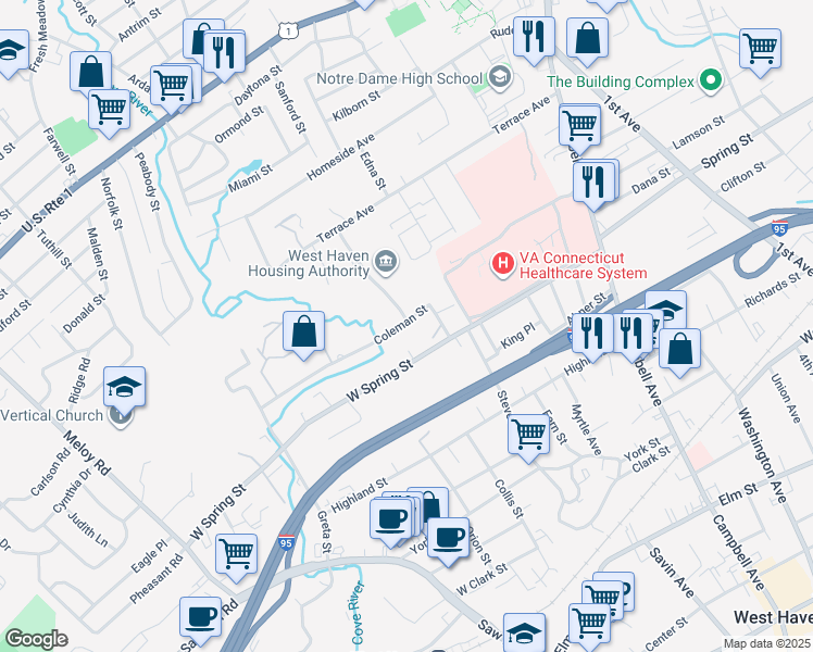 map of restaurants, bars, coffee shops, grocery stores, and more near 33 Coleman Street in West Haven