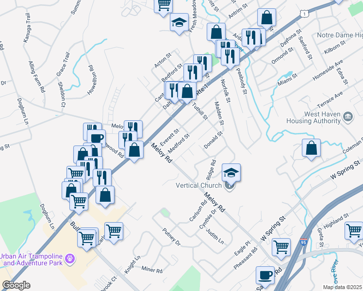 map of restaurants, bars, coffee shops, grocery stores, and more near 96 Medford Street in West Haven