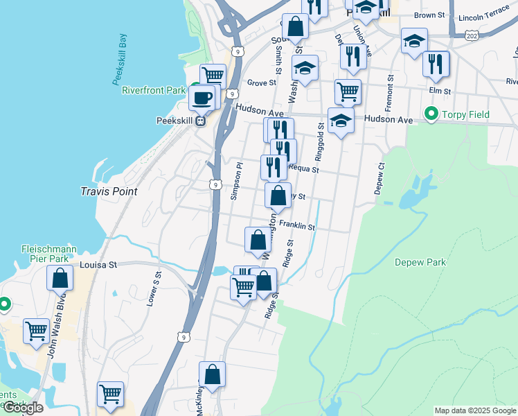 map of restaurants, bars, coffee shops, grocery stores, and more near 504 Smith Street in Peekskill