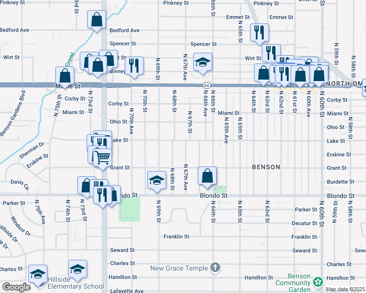 map of restaurants, bars, coffee shops, grocery stores, and more near 6702 Lake Street in Omaha