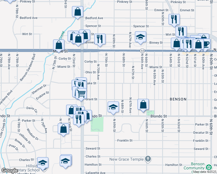 map of restaurants, bars, coffee shops, grocery stores, and more near 2502 North 69th Street in Omaha