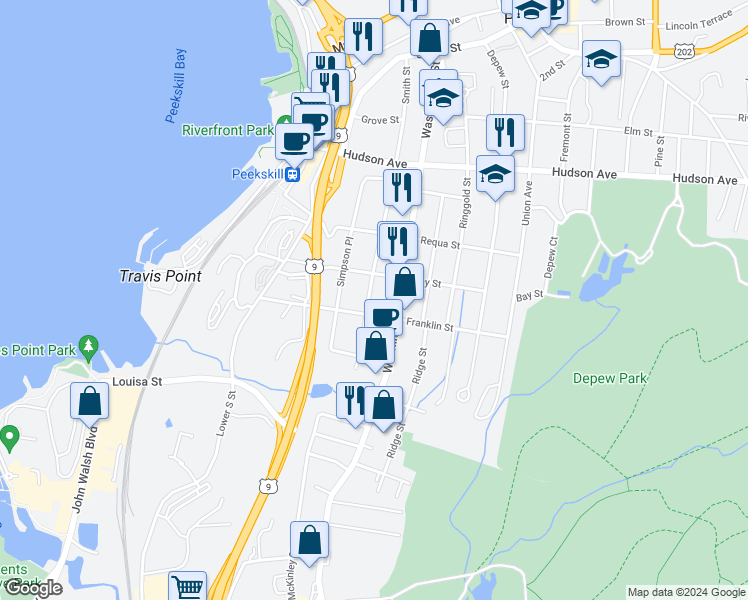 map of restaurants, bars, coffee shops, grocery stores, and more near 504 Smith Street in Peekskill