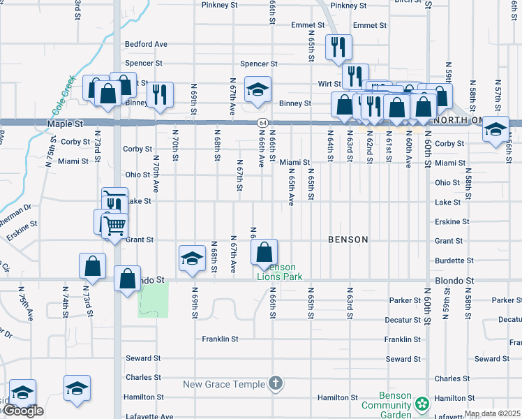 map of restaurants, bars, coffee shops, grocery stores, and more near 2339 North 67th Street in Omaha